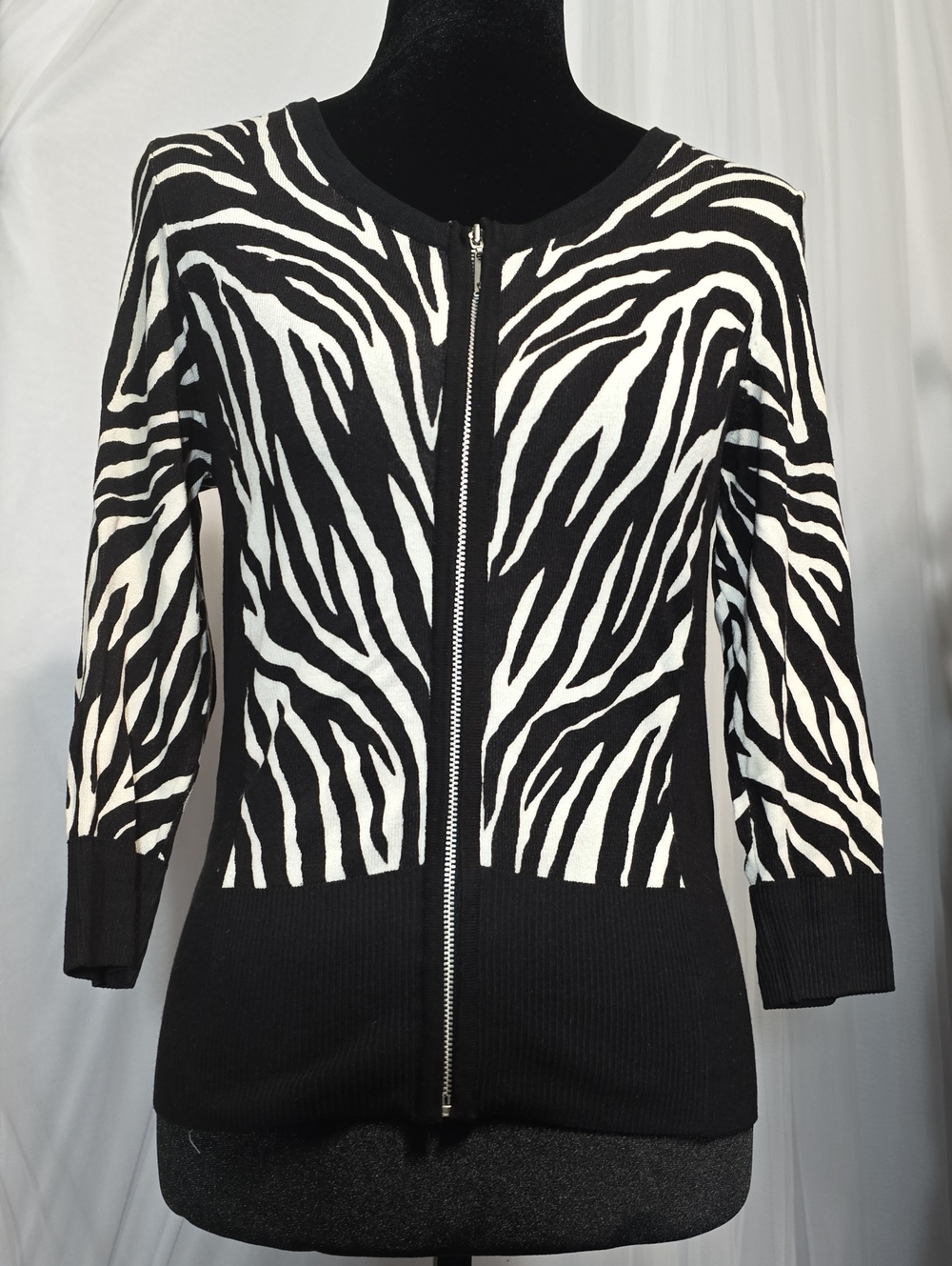 White House Black Market Black and White Zebra Zip-Front Sweater